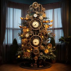 a christmas tree made out of clocks in front of a window