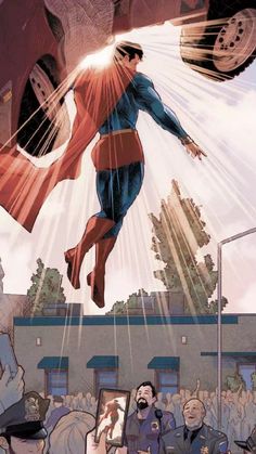 superman flying through the air with his cape over his head and people standing around him