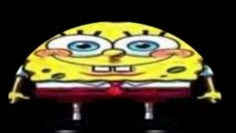 an animated spongebob character with blue eyes and yellow hair, standing in front of a black background