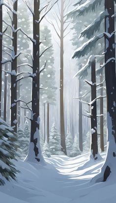 a painting of snow covered trees in a forest