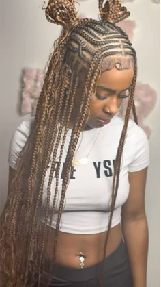 New Hair Braids Styles, Trendy Braided Hairstyles Black, Protective Styles For Black Women Braids, Hairstyles For Birthday Braids, Knotless Box Braids With Cornrows Top, Stitch Fulani Braids, Fulani Braids Without Curls, Hairstyles For 14th Birthday, Jumbo Bob Box Braids