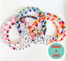 Make your own fun and colourful custom word or name bracelet! Perfect for stacking or layering with other bracelets. These also make a great gift for a best friend, bridesmaids, mom, or your kiddos! Bracelet features 4mm glass seed beads and acrylic white letter beads strung on stretchy elastic cord. Choose from many different colours or create your own custom bracelet (see different pattern ideas in photos.) You can also customize the bracelet with coloured hearts. (See options in photos.) This Bracelets Kids, Beaded Name Bracelet, Essential Jewelry, Aromatherapy Jewelry, Stacking Bracelets, Word Bracelet, Letters For Kids, Custom Bracelet, A Best Friend