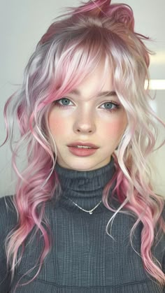 Halo Hair Placement, White Hair With Colored Highlights, Silver Hair With Pink Highlights, Pink Purple Blonde Hair, Grey And Pink Hair, Fairy Hair Color, Unnatural Hair Color Ideas, Pink And Grey Hair, Silver And Pink Hair