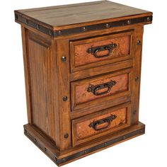 an old wooden cabinet with two drawers and metal handles on the bottom, isolated against a white background