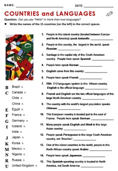 the countries and languages worksheet is shown in this image, it has been used to