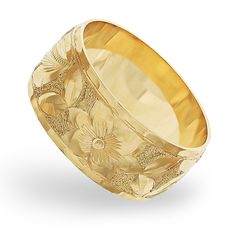 14K Yellow Gold Hawaiian Heirloom Ring with a hand-engraved Plumeria scroll-around pattern and Scalloped Edge, medium thickness, measuring 10 millimeters wide in a size 11. If you wish to order this ring in a different size please contact Na Hoku Customer Service. Yellow Gold Wide Band Bangle As Gift, Gift Yellow Gold Wide Band Bangle, Engraved Yellow Gold Thick Band Jewelry, Engraved Wide Band Yellow Gold Rings, Engraved Wide Band Heirloom Jewelry, Heirloom Wide Band Engraved Jewelry, Traditional Wide Band Engraved Jewelry, Etched Gold Round Bands, Traditional Engraved Wide Band Jewelry