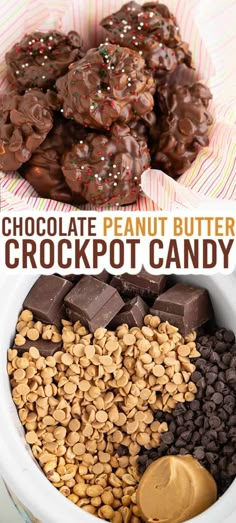 chocolate peanut butter crockpot candy is in a bowl with peanuts and other candies