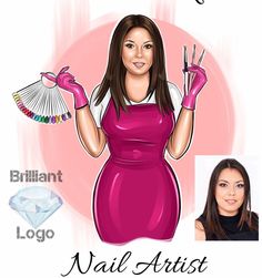 a drawing of a woman in an apron and pink gloves holding up her hands with the words nail artist on it