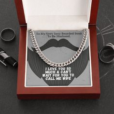 "\"There is no such thing as a perfect gift.\" There is now. He will love this!   Give him a timeless necklace that shows off his strength and style with a special message from his soon to be wife. Our Cuban Link Chain Necklace is the perfect gift for any occasion and is a staple accessory for all wardrobes. Available in polished stainless steel or 14K yellow gold over stainless steel, you can be sure this wonderfully weighted necklace will be a favorite piece they will wear day after day. This necklace comes packaged in our Mahogany Style Luxury Gift Box for easy gifting. Product Specs: * Polished Stainless Steel and 14K Yellow Gold Over Stainless Steel * Length: 18\" (45.72 cm) / Width: 5mm * Parrot Clasp  The message card is printed in the USA. Final product is hand polished and shipped Grooms Gift, Groom To Be, Ceramic Pendant Necklace, Gift For Groom, Gift Ide, Cuban Link Chain Necklaces, Bone Jewelry, Ceramic Pendant, Link Chain Necklace