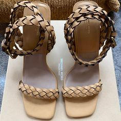 Brand New / Never Worn Michael Kors Collection Pippa Woven Leather Sandal In Wheat (Size It 41). Includes Box, Dust Bag, And All Original Packaging. Beige Leather Heels With Wrapped Heel, Woven Leather Block Heels, Leather Sandals With Woven Detail And Block Heel, Woven Leather Sandals With Block Heel, Luxury Brown Woven Leather Heels, Open Toe Woven Leather Heels, Beige Leather Sandals With Wrapped Heel, Woven Leather High Heels, Designer Woven Leather Heels