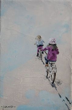 a painting of two children riding bikes on the beach, one is wearing a helmet