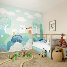 a child's bedroom decorated in blue and green