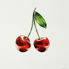 two cherries on a white background with green leaves