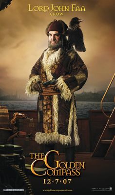 the golden compass movie poster with lord john faa holding an eagle in his arms