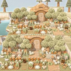 an illustration of a garden with lots of flowers and plants on it's sides