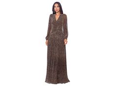 XSCAPE Long Sleeve Metallic V-Front Dress - Women's Evening : Black/Bronze : ; Embrace a graceful and glamorous style by adorning yourself with the XSCAPE Long Sleeve Metallic V-Front Dress. Surplice V-neckline and long sleeves. Gathered detailing on the bodice. Zippered back closure. Floor-length skirt. 53% polyester, 47% metallic fibers. Spot clean. Imported. Elegant Long Sleeve V-neck Dress For Night Out, Chic Long Sleeve V-neck Evening Dress, Chic Long Sleeve V-neck Dress For Formal Events, Chic Long Sleeve V-neck Dress For Formal Occasions, Long Sleeve Dressy Dresses For Gala, Fall Cocktail V-neck Maxi Dress, Long Sleeve Dresses For Fall Gala, Fitted Long Sleeve V-neck Dress For Winter, Formal V-neck Maxi Dress For Fall