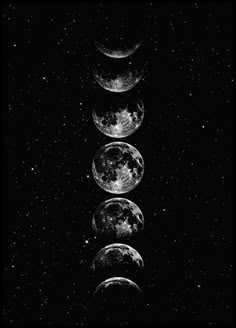 five phases of the moon in black and white