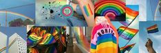 a collage of photos with people holding rainbows and kites in the sky