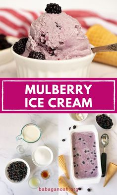 mulberry ice cream in a white bowl with berries on top