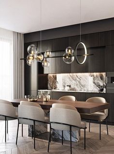 a modern dining room and kitchen area with marble flooring, black cabinets and white chairs