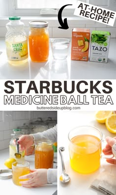 the recipe for starbuck's medicine ball tea is shown in three different pictures