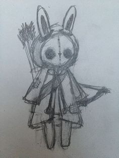 a drawing of a rabbit holding an arrow and wearing a dress with ears on it