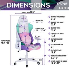 an office chair with measurements for the seat and back side, which is also labeled