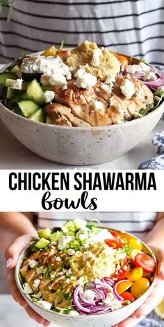 chicken shawarma bowls with vegetables and feta cheese in the middle are shown