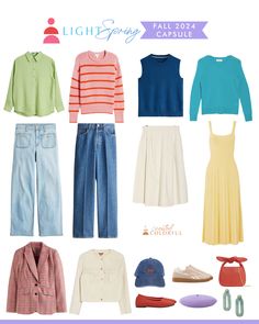 Light Spring Color Palette Outfits For Fall, Spring Color Analysis Outfits, Light Spring Fall Wardrobe, Colorful Capsule Wardrobe 2024, Color Theory Fashion, Soft Spring Color Palette, Fall Winter Color Palette 23/24, Light Spring Color Palette Outfits