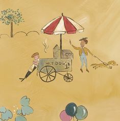 a drawing of a man and woman selling hot dogs on a cart with an umbrella