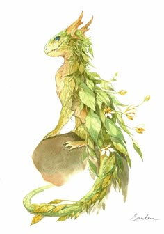 a watercolor painting of a green dragon sitting on top of a rock with leaves