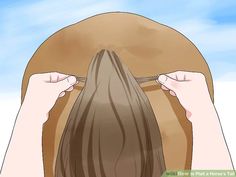 the back of a woman's head is shown with her long brown hair in it