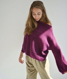 Hello, I'm the one, who won't let you down - plum purple mohair sweater.I will comfort you, keep you warm and will make you smile. I'm 100% hand made and proud of that. I consist of 35% Italian baby alpaca,35% of kid mohair and 30% nylon, which makes me incredibly natural. I'm quite unique as could be worn all year long.I'm in one size and one size fits all because my measurements are :❤️ Width -62 cm❤️ Lengths -52cmIf you would like me in other size, you could request a custom order with your o Wide Neck Sweater, Pull Mohair, Green Turtleneck Sweater, Sweater Chunky, Sweater Cropped, Boho Sweater, Purple Plum, Short Cardigan, Warm Sweater