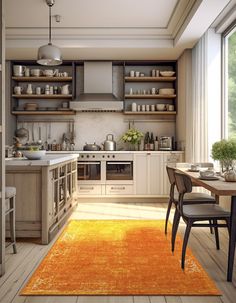 an orange rug in the middle of a kitchen