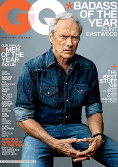 an older man sitting on top of a chair in front of a magazine cover with the words gq