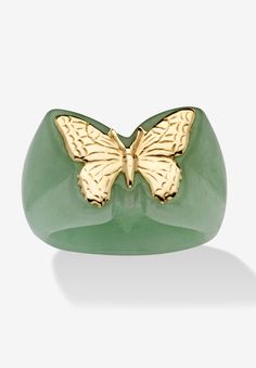 Playful, yet elegant, this charming green jade butterfly ring is designed as an unforgettable ornament for your finger. An artful fashion-forward fun edge crafted in 14k gold. Sizes 5-9. As this item contains genuine jade, the actual stone colors may vary slightly. We recommend ordering one size up for this style.Main Stone: 1 Special Cabachon Cut Genuine Green Jade, 24 mm x 17 mm14k Yellow GoldDimensions: 17 mm wide x 24 mm long x 4.5 mm highIncludes gift box and drawstring pouchImported | Wome Jade Butterfly, Gold Butterfly Ring, Green Ring, Palm Beach Jewelry, Dope Jewelry, Butterfly Ring, Jade Ring, Jade Jewelry, Gold Butterfly