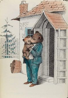 a drawing of a man holding a bear in front of a small building with a door