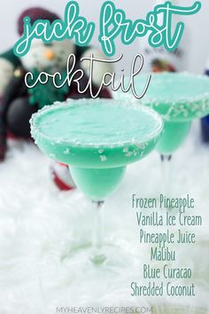 two frozen pineapple vanilla ice cream margaritas are garnished with sprinkles