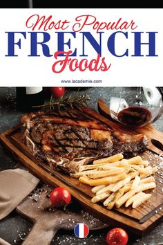 a steak and french fries on a cutting board