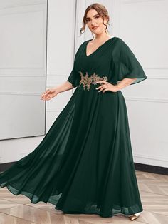 Plus Butterfly Sleeve Appliques Maxi Prom Dress | EMERY ROSE Green Floral Maxi Dress, Maxi Prom Dress, Sukienki Plus Size, Dark Green Dress, Prom Dress Plus Size, Evening Dresses Plus Size, Maxi Dress Prom, Butterfly Sleeve, Prom Dresses Online