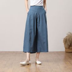 "Cool and comfortable for hot summer days, this blue wide leg pants is elegant and stylish.    It is a wonderful wardrobe staple that's a timeless classic you'll wear again and again.  ★★FEATURES 90% cotton and other fabrics Two side pockets Back elastic waist Wide leg pants Blue pants Casual pants Long pants Loose pants Plus size pants Perfect for Spring, Summer ★★Size Chart: ❤ Size chart is the garment's measurements, Not body measurements. Size M: Length: 88cm/34.65\", Waist: 60cm/23.62\", Hi Midi Pants, Custom Pants, Pants Custom, Loose Fit Pants, Summer Pants Women, Pants Plus Size, Pants Loose, Summer Pants, Pants Blue