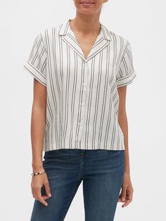 Summer Tops With Striped Camp Collar, Summer Camp Collar Tops With Striped Collar, Summer Shirt With Striped Camp Collar, Casual Collared Camp Shirt In Rayon, Relaxed Fit Rayon Camp Shirt With Short Sleeves, Casual Rayon Camp Shirt With Short Sleeves, Casual Collared Rayon Shirt, Casual Rayon Collared Shirt, Classic Short Sleeve Rayon Tops