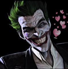 the joker is smiling with hearts coming out of his mouth