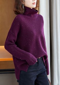 Italian Purple Hign Neck Sequins Knit Pullover Sweaters WinterFabric: Knit BlendedSize & Fit: Fit: This garment fits true to size.Length: Size L measures 23.79"from shoulder to hemBust: Great for any cup size. Waist: Loose Fit. Comfortable room throughout midsection.Hip: Loose Fit - room for hips. Hand Wash Cold. Knitted Pullover Sweaters, Winter Sweaters, Knitted Pullover, Pullover Sweaters, Sweater Top, Loose Fitting, Purple, Knitting