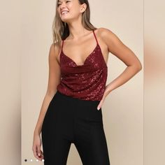 Lulu's Ready To Sparkle Burgundy Sequin Cowl Neck Sleeveless Bodysuit Sleeveless Bodysuit, Sequin Top, Cowl Neck, Sequin, Sparkle, Womens Tops, Full Service, Red, Women Shopping