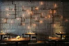 a dimly lit restaurant with wooden tables and stools