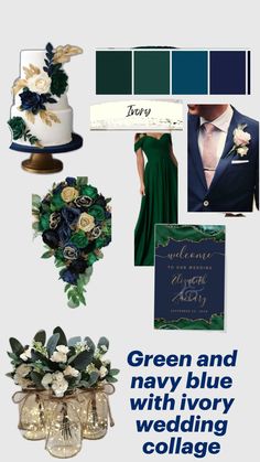 green and navy blue with ivory wedding collage