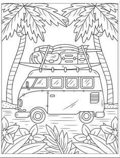 a coloring page with an image of a van on the beach and palm trees in the background