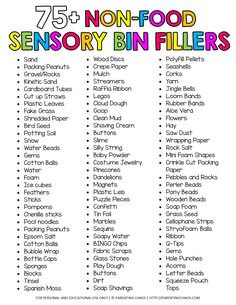 the 25 non - food sensory bin fillers list is shown in blue and green