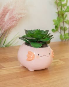 a pink ceramic fish planter with succulents in it on a wooden table